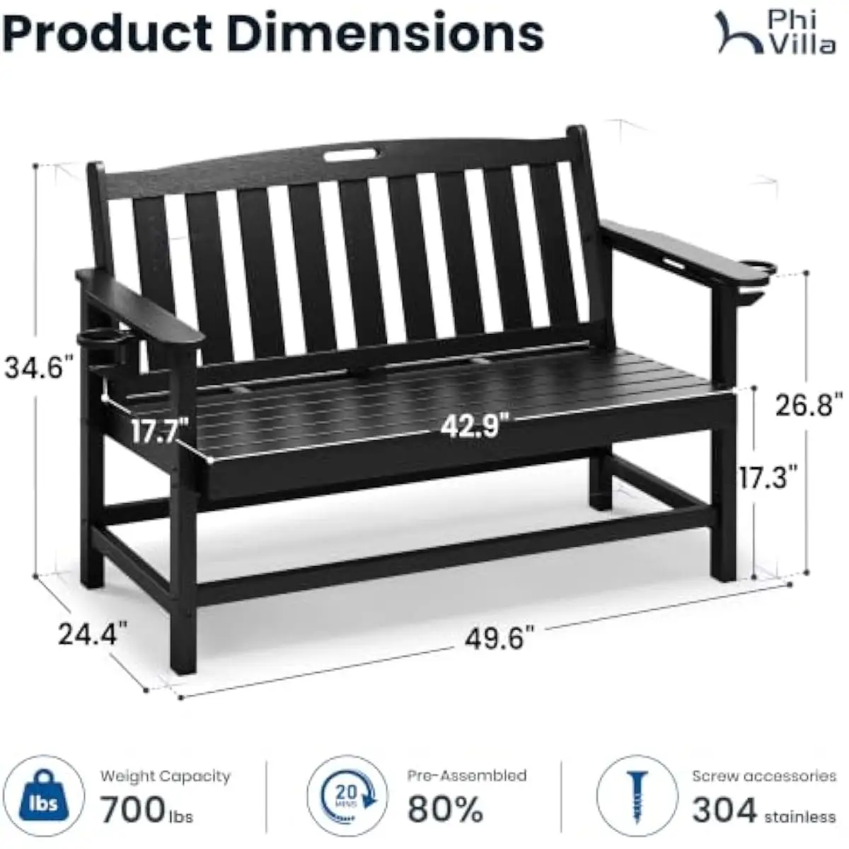 HDPE Outdoor Bench with Integrated Cup Holders and Ergonomic Backrest, Weatherproof Black Design for Patio or Garden Use, 49.5 I