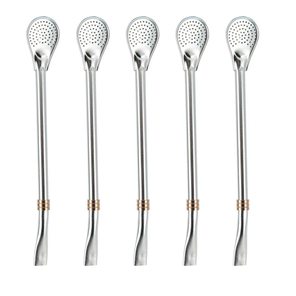 

5 Pcs Stainless Steel Mixing Spoon Strainer Straw Stirring and Silver Straws Matcha Tea Filter 304 with Drinking Strainers