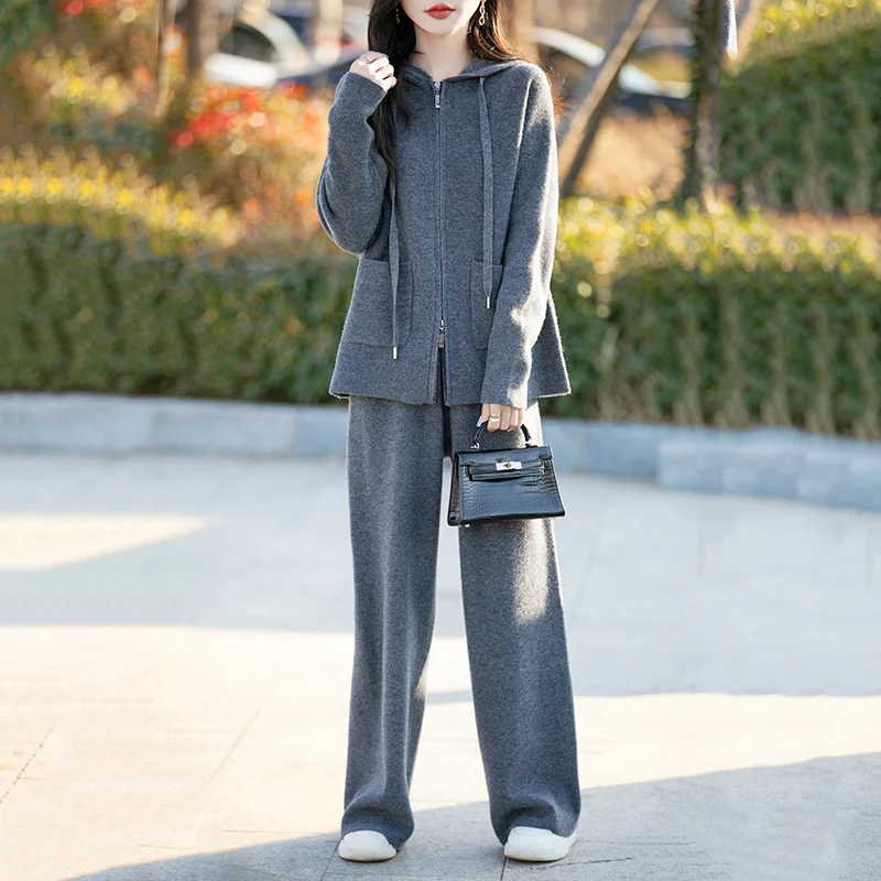 الخريف والشتاء جديد المرأة 100% الصوف الخالص دعوى مقنعين سترة فضفاضة قطعتين حجم كبير محبوك بنطلون