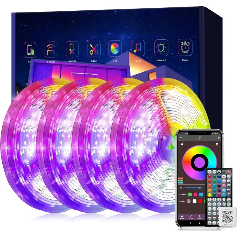 

Светодиодные фонари для спальни, 400 футов, синхронизация музыки, меняющие цвет, светодиодные ленты с 60-клавишным пультом дистанционного управления и управлением через приложение, светодиодные ленты RGB f