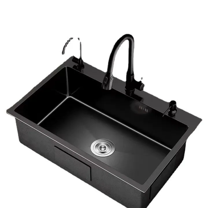 

Kitchen Vegetable Basin Nano Sink Large Single Slot 304 Stainless Steel Hand-thickened Under-counter Basin Dishwasher Black Set