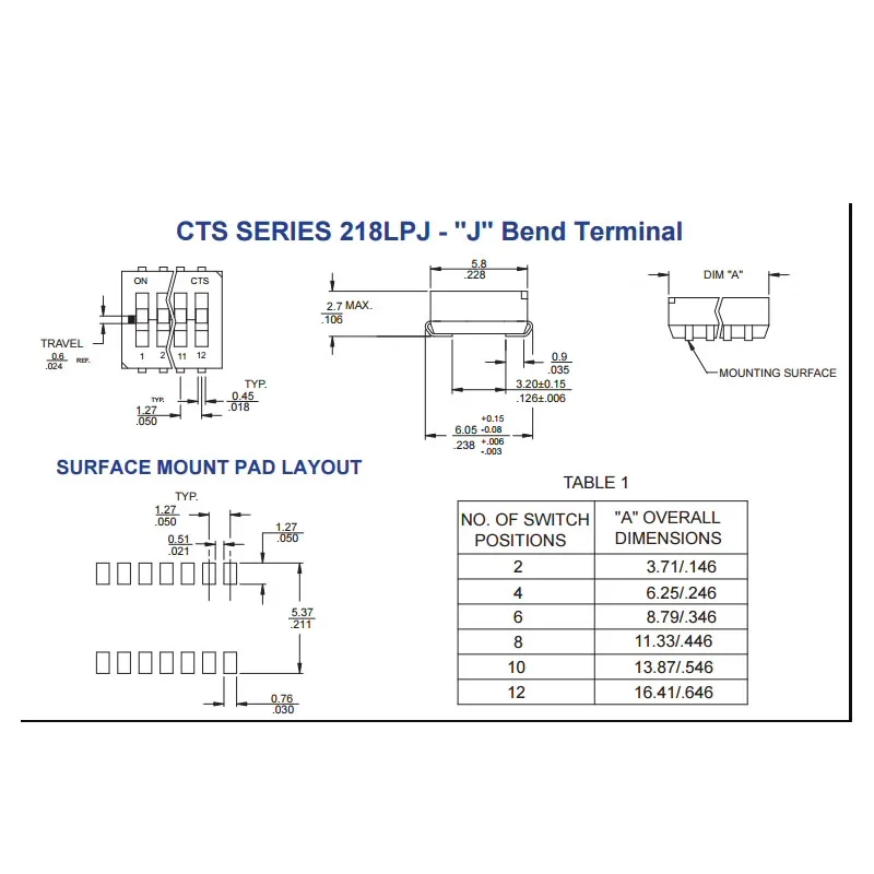 1pcs/lots Imported U.S.A. 218-4LPSTJR Toggle Switch 4 Position 1.27mm Pitch SMD Package Pin Flat Dial 4P