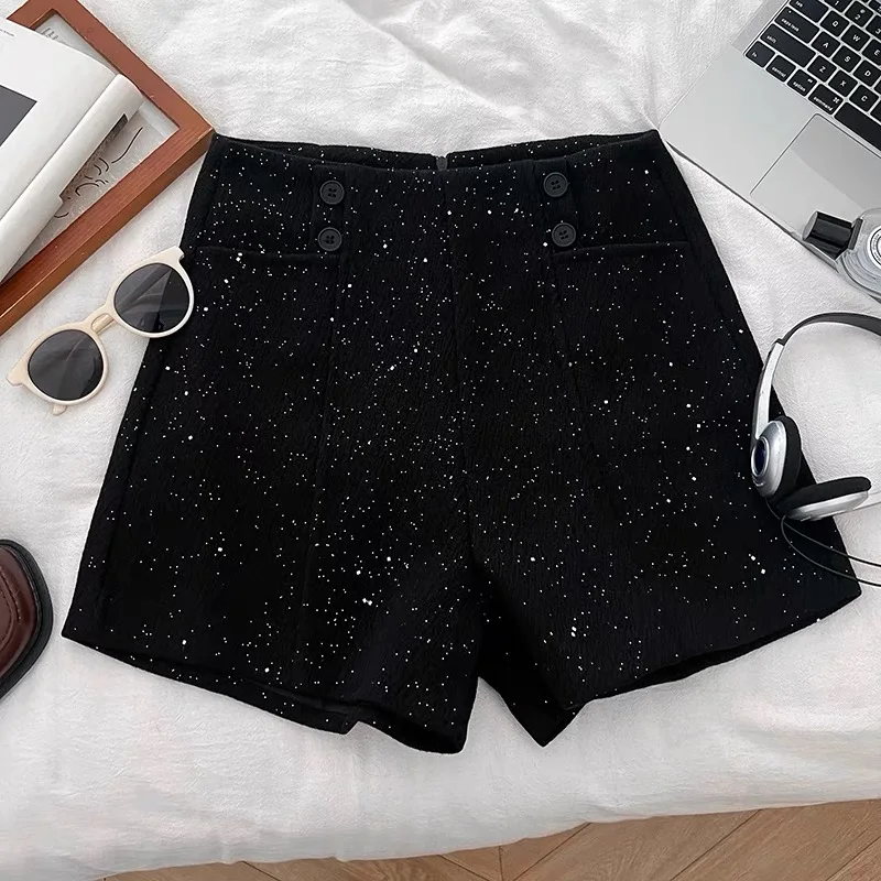 

Корейские женские черные шерстяные элегантные офисные короткие брюки с высокой талией, серые двубортные мини-шорты для отпуска, осенне-зимний тренд, новинка