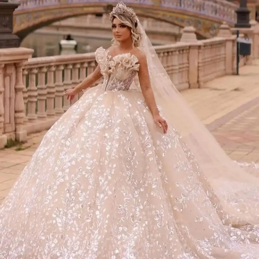 

Gorgeous Jewel Neck Long Sleeves Wedding Dresses Ruffles Applique Ball Gowns For Bridal Sequines Dubai Women vestidos de novia