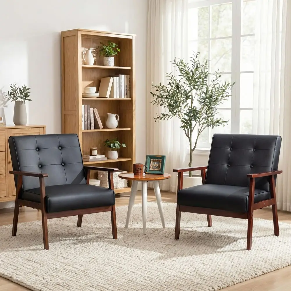 

Accent Chairs Set of 2, Leather Chair with Wood Frame, Upholstered Tufted Comfy Reading Arm Chair, MidCentury Modern Living Roo