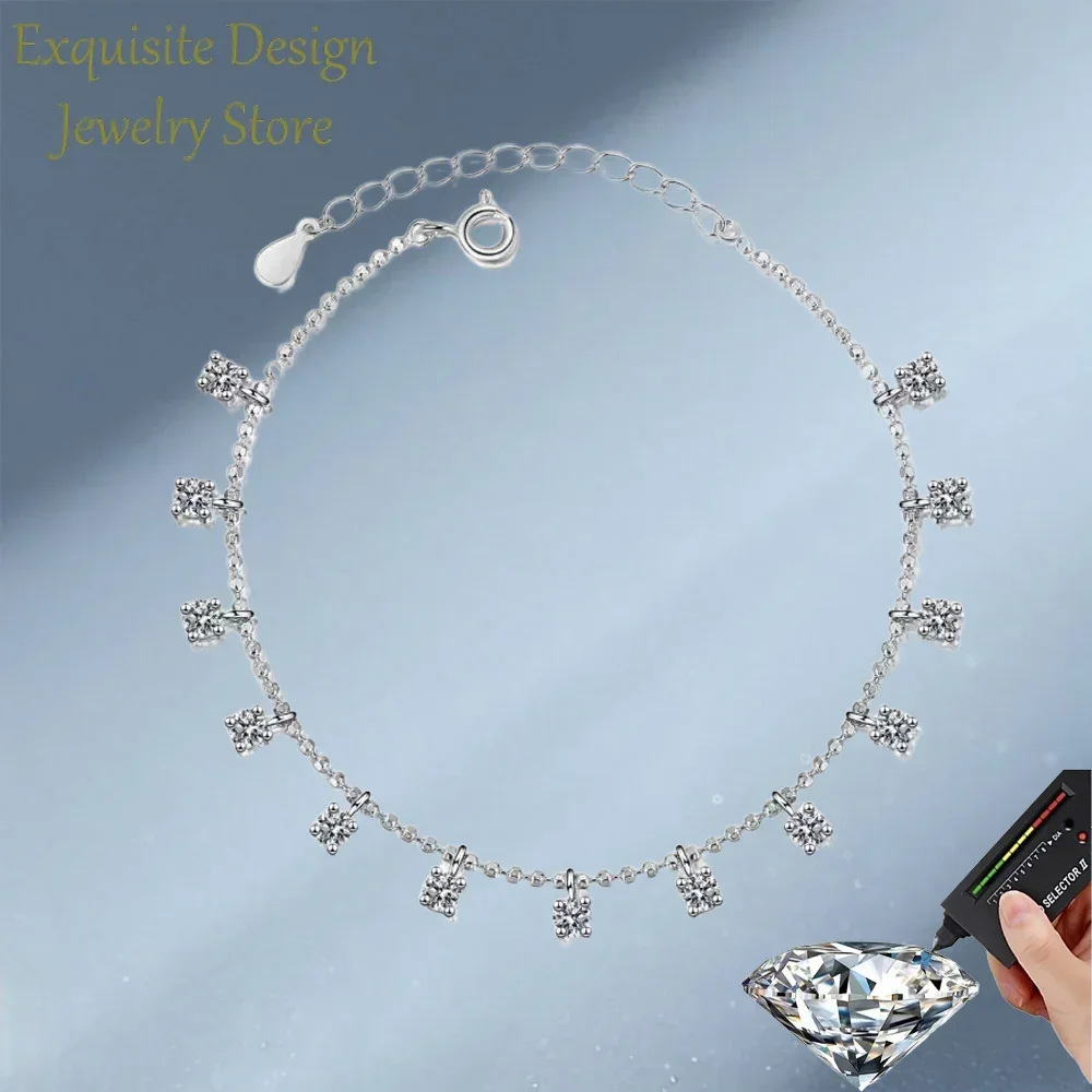 

Brilliant 1.3/3.9ct Full Diamond Tennis Bracelet, Luxury Platinum PT950 Moissanite Tassel Chain Bracelet for Women