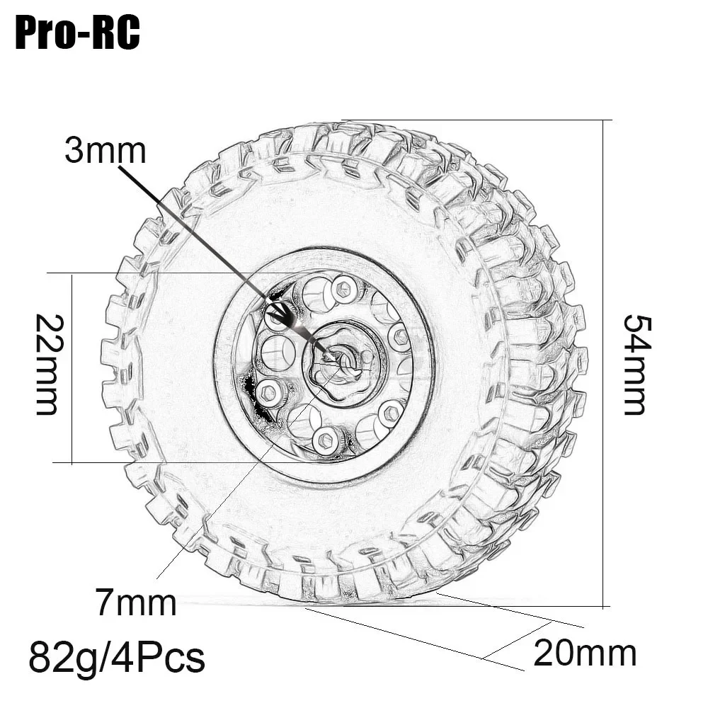 1.0" Alloy Beadlock Wheel Rim & 54x20mm Rubber Tire & Hex 4Pcs for RC 1/24 Axial SCX24 90081 Jimny Other Mini/Micro Crawler Car