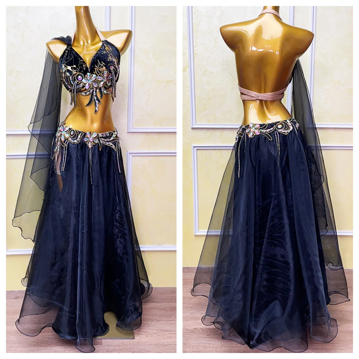 Costume da performance di danza del ventre da donna Set di diamanti di lusso di fascia alta Abbigliamento da competizione professionale di danza del ventre per adulti