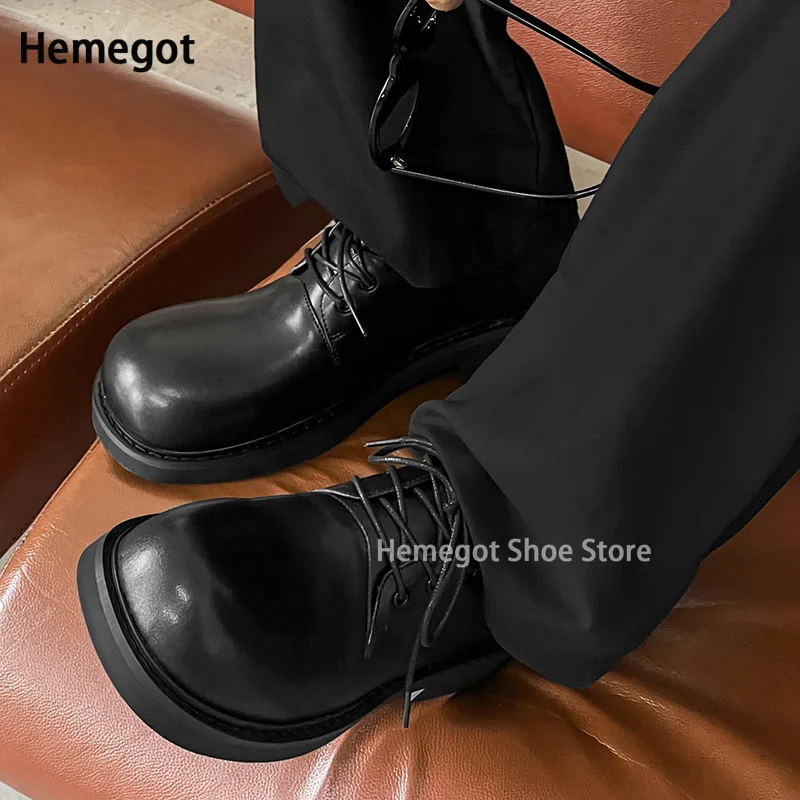 Black Casual Leather Shoes Cocked Toe Men's British Style High-Grade Thick Soled Big Head Shoes Retro Leather Derby Shoes