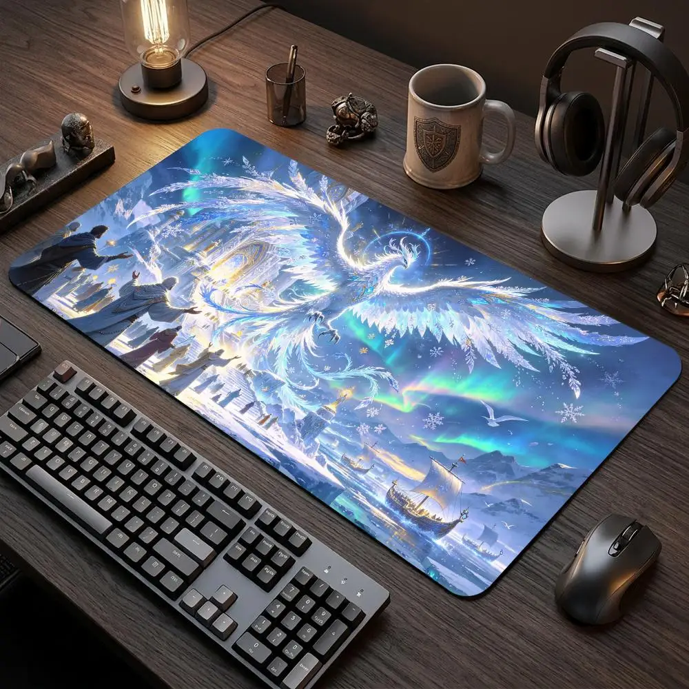 60X35CM Ice Phoenix Aurora Borealis Snow Castle TCG Play mat Non-Slip Rubber Base Stitched Edge Table Mat for Card Game Desk pad