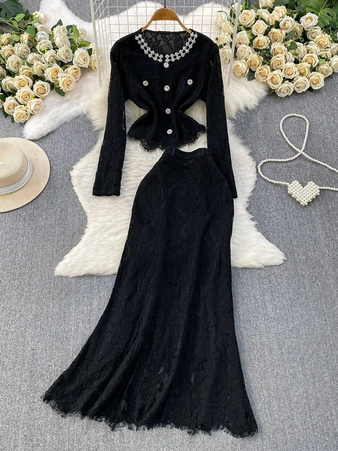 

Summer Lace Two Piece Set Women Rhinestone Beaded Blouses Long Sleeve Top Fishtail Maxi Skirts Suits 2pcs Outfit Evening Dresses
