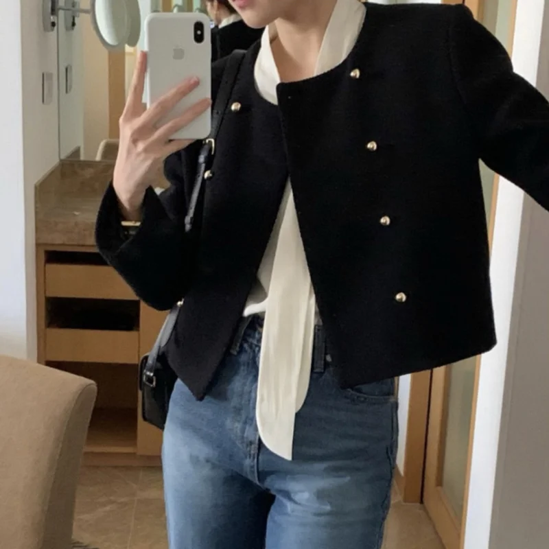 

Ele корейское шерстяное пальто женское круглое Ne Color Blo двухрядное металлическое пуговицы ort Top Faion Commute Wind