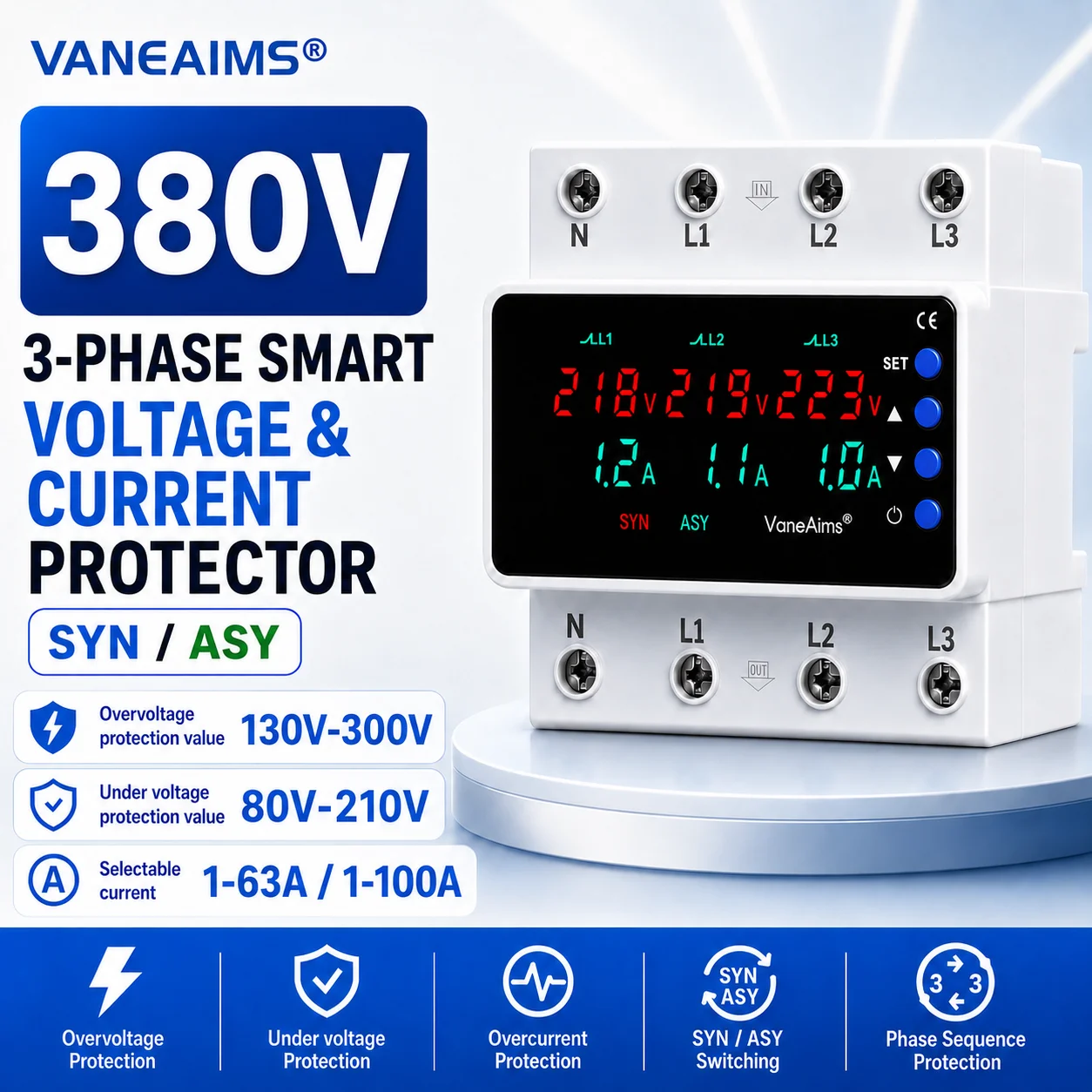 Din Rail 3 phase SYN ASYNC Adjustable Voltage Current Protector AC380V 63A 100A Over Under Voltage Current Limit Relay Protector