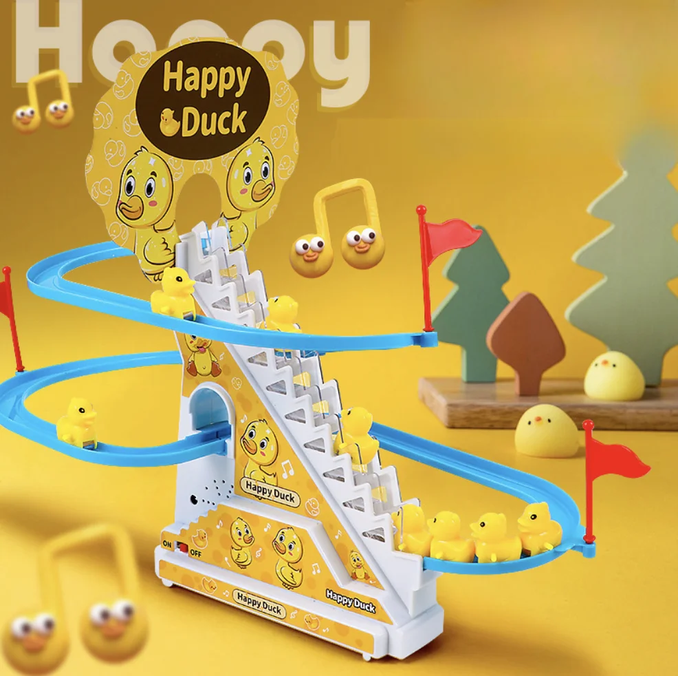 DIY Rail Racing Track Electric Small Duck Climbing Stairs Toy Interaction Baby Music Roller Coaster Toy For Kids Gift