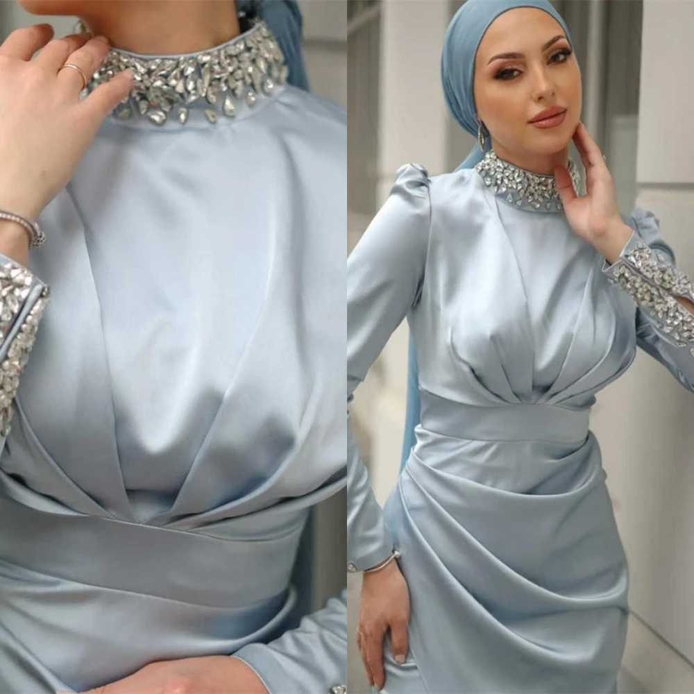 

Customized Graceful Crew Neck Evening Dress and Temperament Satin Special Occasion Gowns and Delicate Long Sleeves Prom Dresses