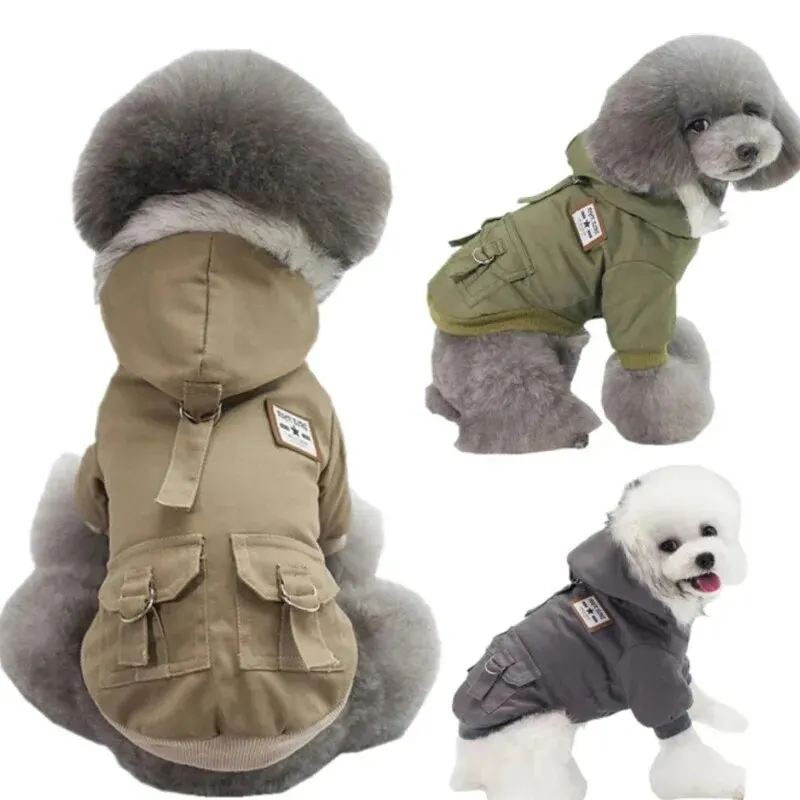 Ropa para Mascotas, Sudadera con Capucha de Piel, Chaqueta Abrigada para Perro de Estilo Industrial con Doble Bolsillo, Disfraz de Invierno para Perro