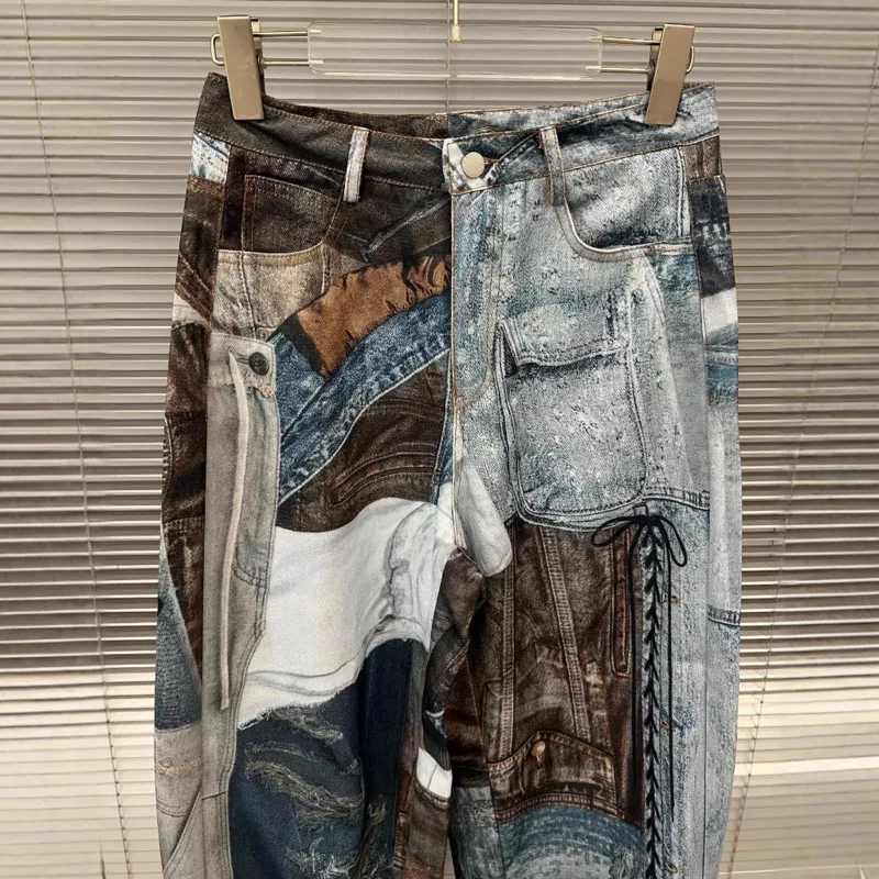 ANJY Autumn New Women American Retro Streetwear Patchwork Printed Jeans Casual Trendy Original Design Straight Denim Pants A7170