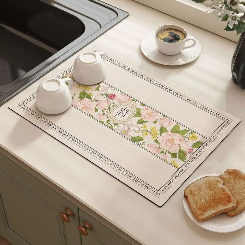 VIKAMA French Floral Bowl Plate Drainer Mat Absorbent Quick Dry Coffee Maker Mat Non Slip Kitchen Countertop Table Home Decor