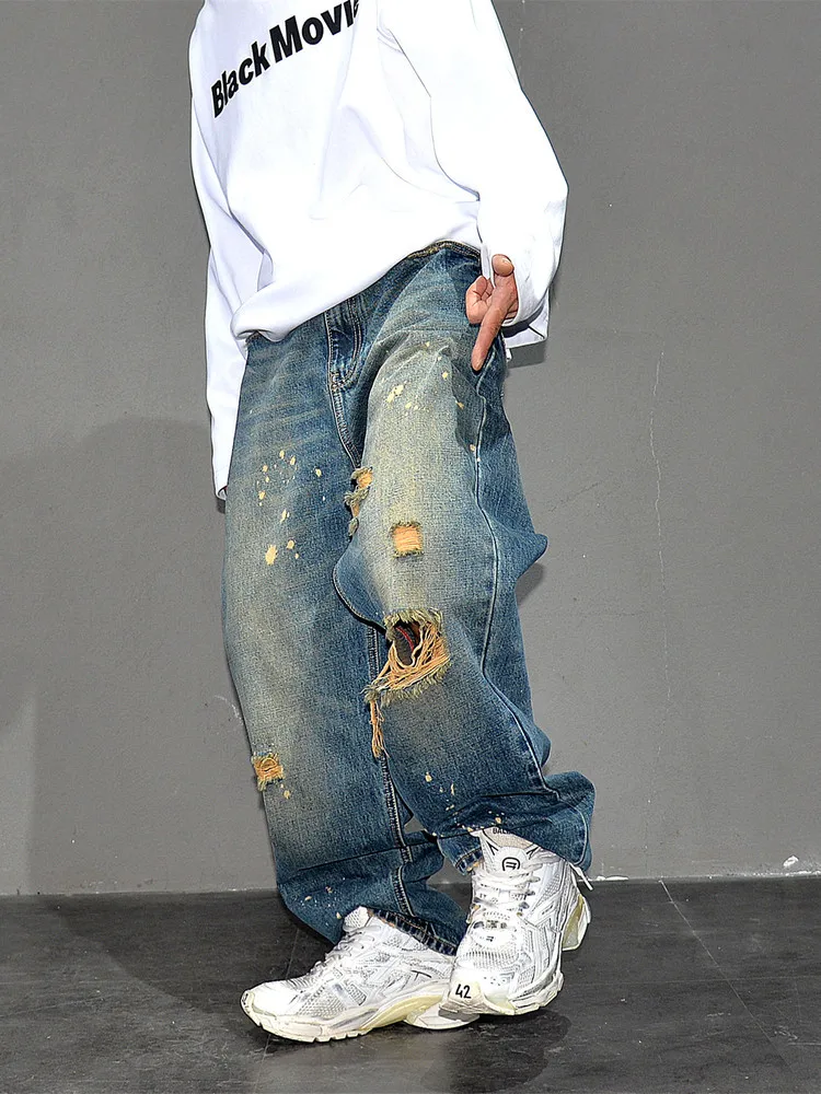 

Retro Paint Splatter Distressed Ripped Wide Leg Jeans, Men’s American Streetwear Loose Straight Pants