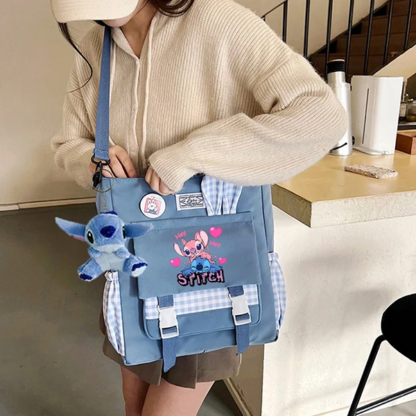 Disney Stitch Rabbit Shoulder Bag with Doll for Students Anime Fashion High-capacity Commute Handbag Korean Style Messenger Bags