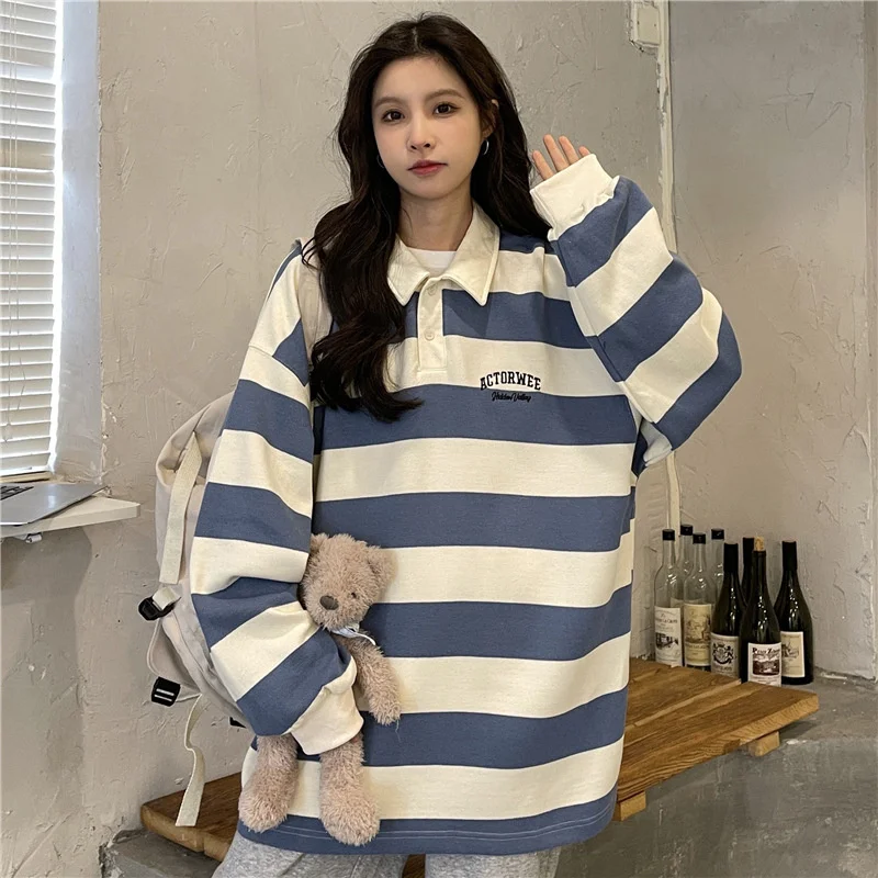 

Preppy Style Stripe Pullover Sweatshirt Women Fashion Korean Loose Long Sleeve Pull Top Casual Turn-down Collar Coat Spring Fall