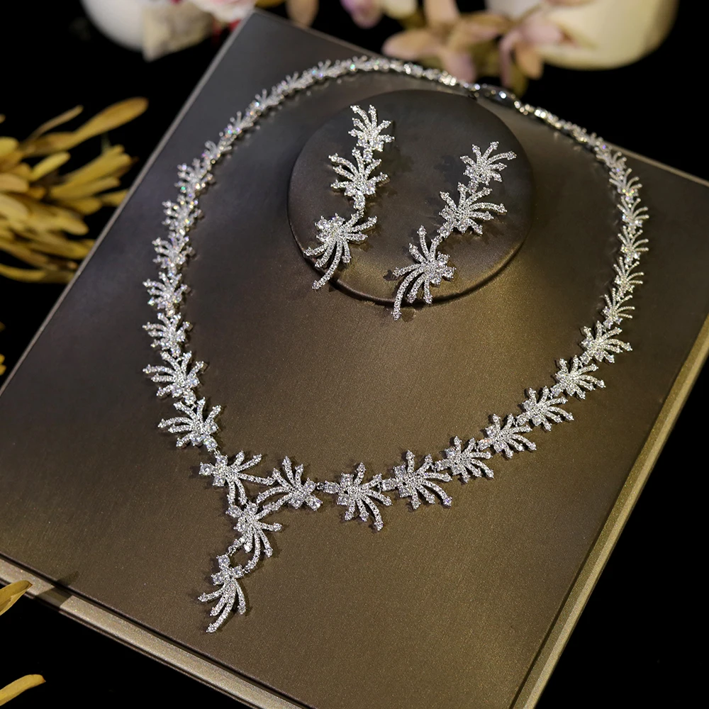 White Zirconia Platinum Plating Long Fringe Star Necklace For Women Elegant Wedding Bridal Jewelry Set Bridesmaid Accessories