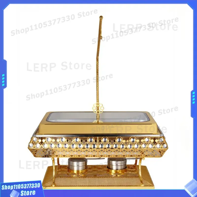 Luxury Golden Buffet Warmer Glass Alcohol Stove for Restaurant Food Heating Dry Pot Chafing Dish Hook Design Catering
