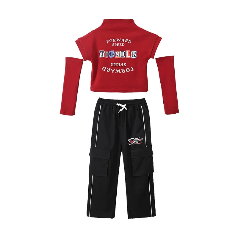 الفتيات الهيب هوب الأحمر عالية الرقبة المحاصيل الأعلى السراويل البضائع السوداء الاطفال K-pop الشارع الشهير الطفل الجاز زي فتاة مجموعة الملابس مجموعات