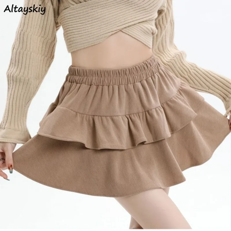 Cake Skirts Women Solid Simple Cleanfit Korean Fashion All-match High Waist Designed Ruffles Mini Skirt Kpop Streetwear Chic