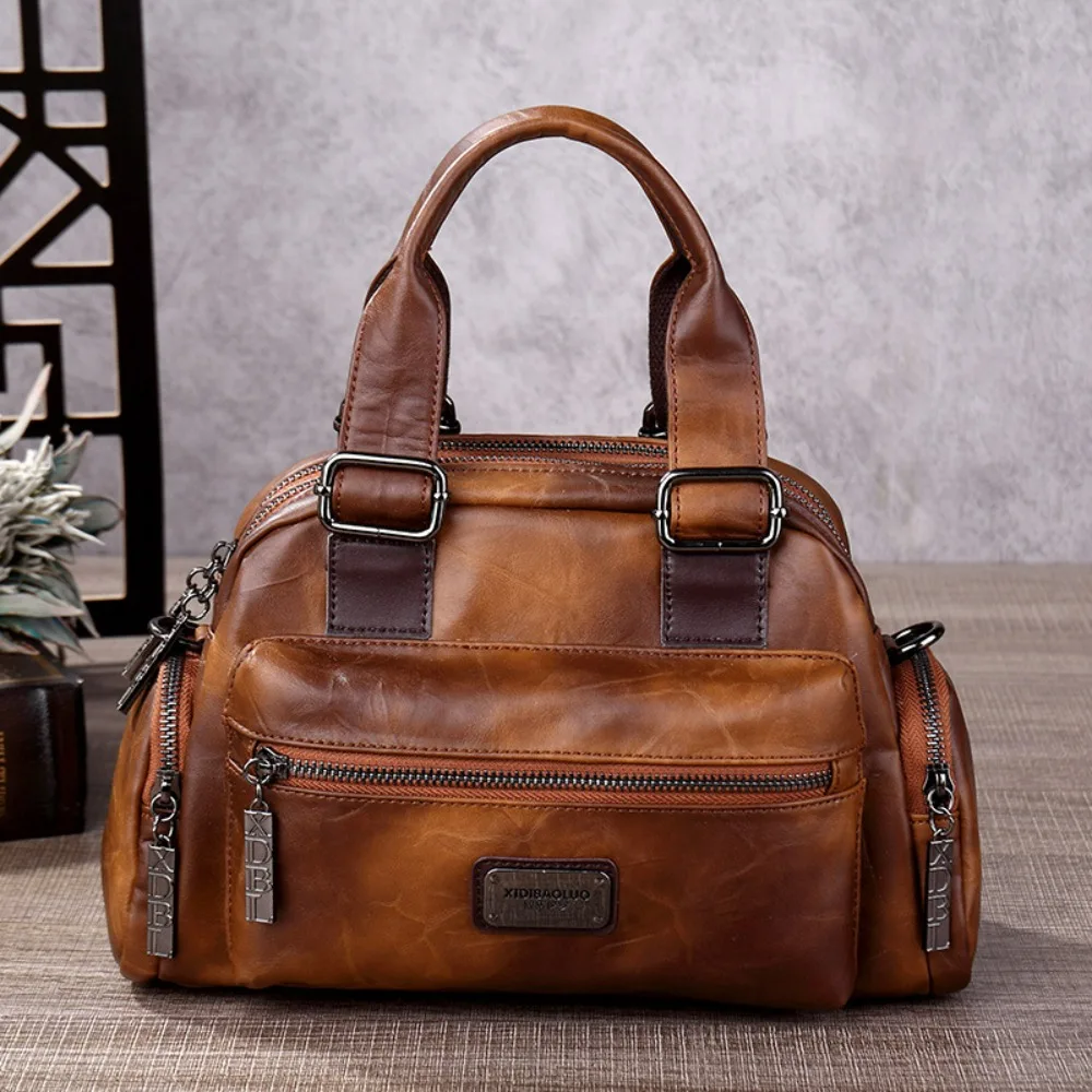 

2026 Vintage Soft Leather Crossbody Bags For Women Vintage Fashion Multi-pocket Motorcycle Top Handle Crossbody Purse Handbags
