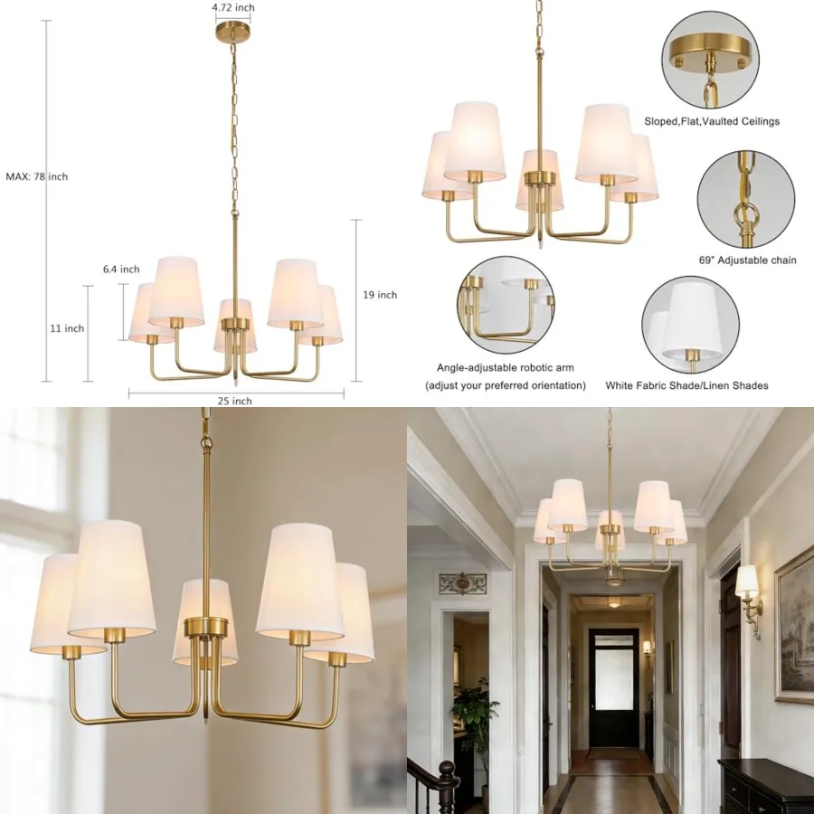 

5-Lights Farmhouse Chandelier, Matte Gold Chandelier with White Fabric Shade, Height Adjustable Pendant Lights Linear Island Li
