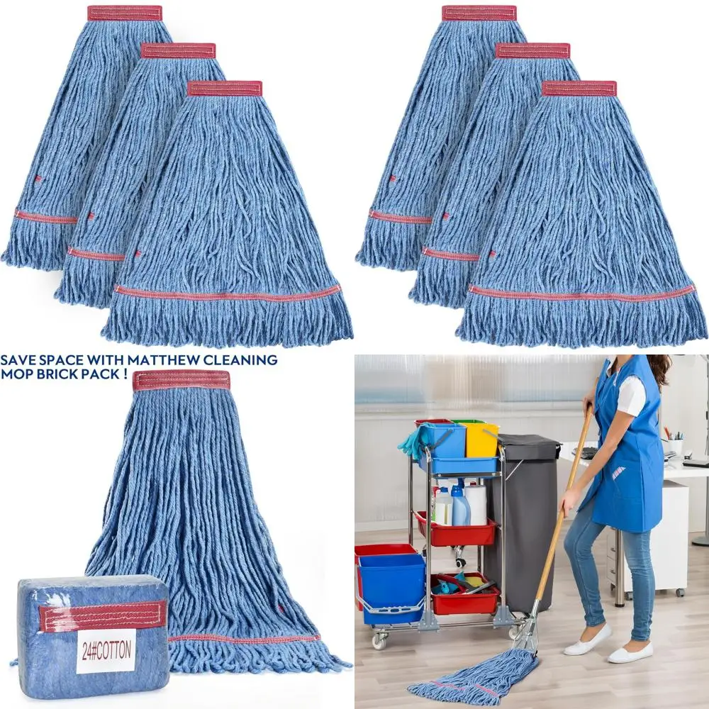 

24oz Blue Heavy-Duty Cotton Loop Mop Heads - 3 Pack for General & Floor Cleaning