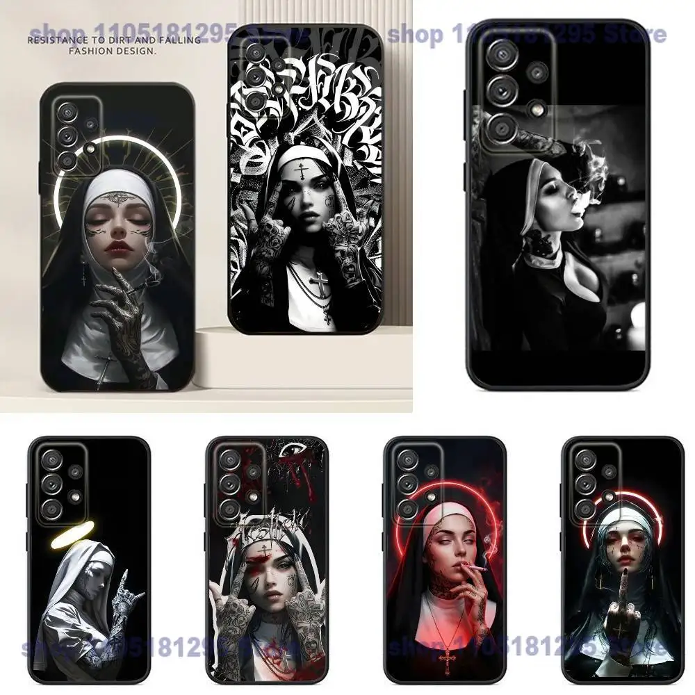 Fashion Smoking Tattoo Nun Pattern Phone Case For Samsung S24,21,22,23,30,Ultra,20,Plus,Note,10,9,Black soft silicone case