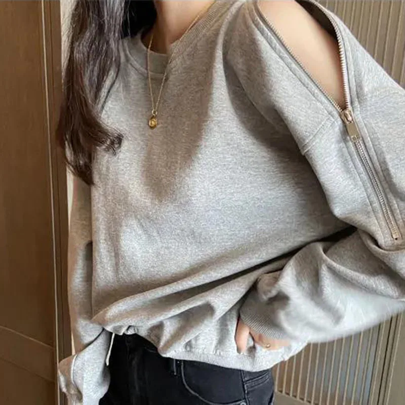 Korean Gray Sweatshirt Women Long Sleeve Sexy Off Shoulder O-Neck Basics Tees Loose Zipper Casual Fashion Solid Pullover