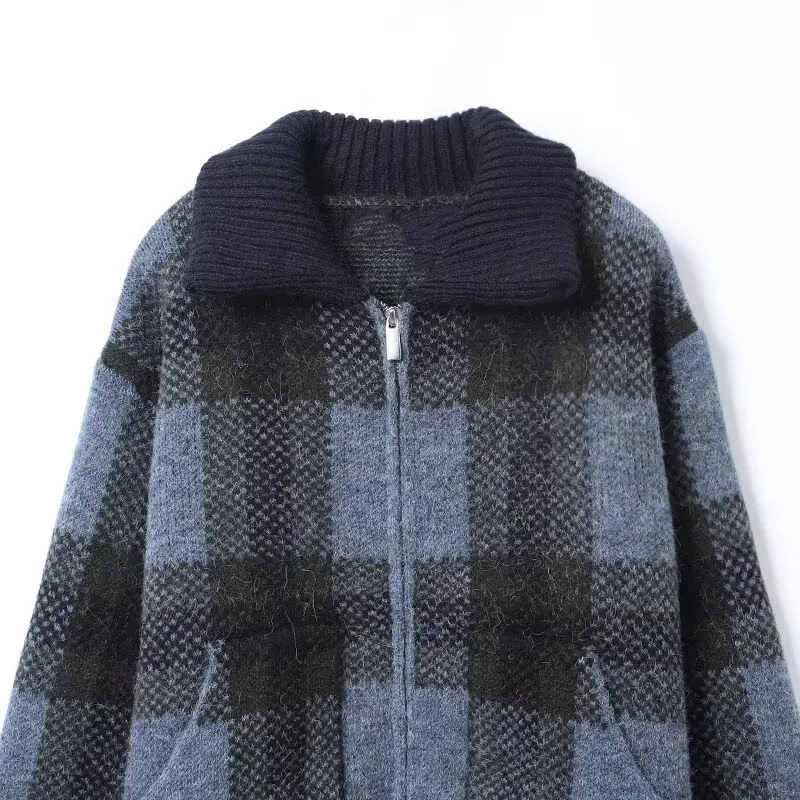 Women's Vintage Plaid Knitted Cardigan Female Loose Long-Sleeved Zipper Sweater Jacket  Autumn Winter Lady Street Knitwear