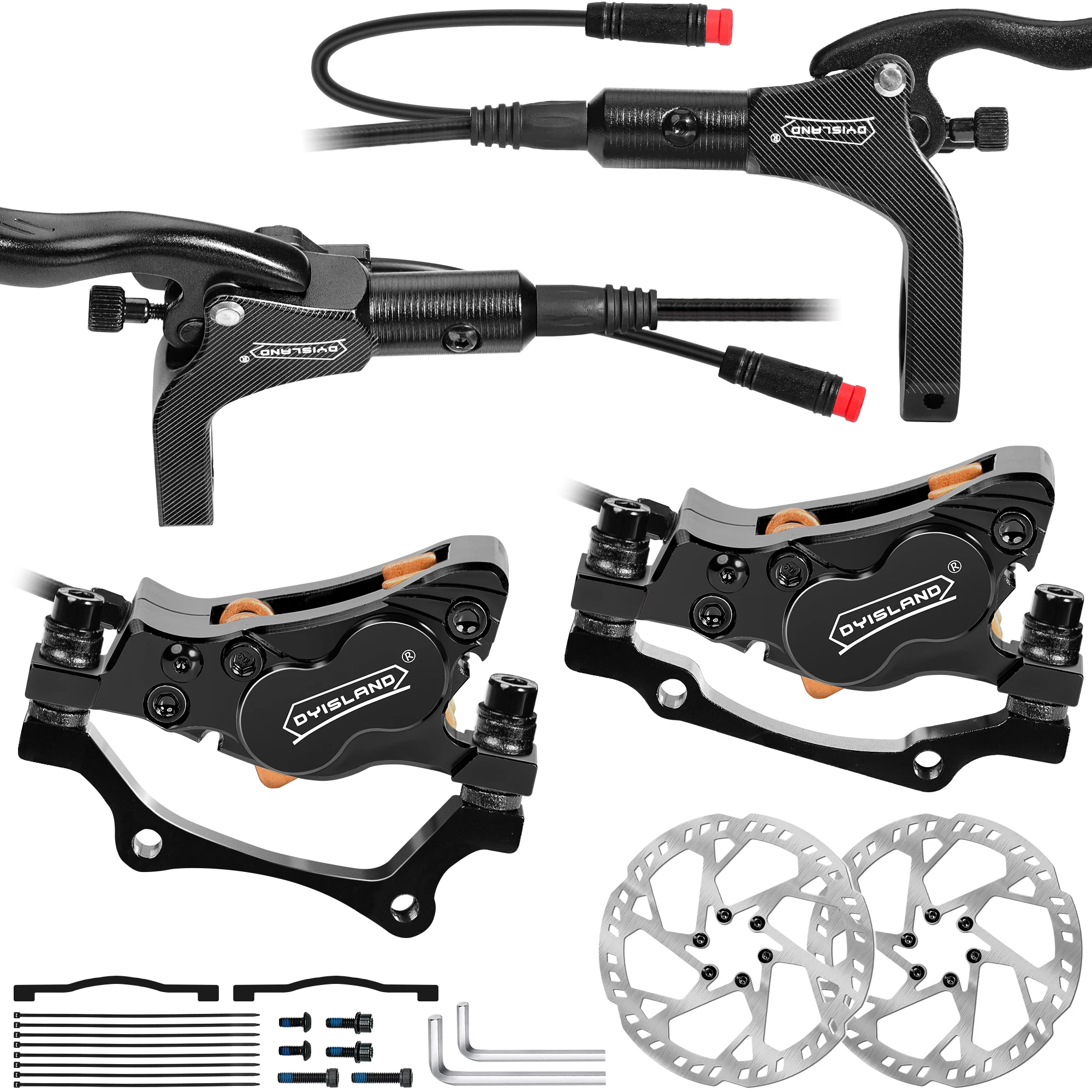 DYISLAND LD4X-300 전기 자전거 유압 디스크 브레이크 세트, 피스톤 4 개, 2 핀 및 3 핀, 2 개 180mm 로터 포함