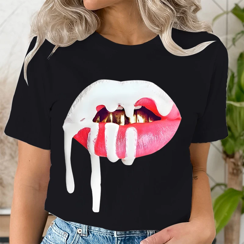 Summer Clothing Cosmetics Pink Lips Fashion Women Tee T-shirts Casual Short Sleeve Clothes Female Graphic T Shirt Pink Clothes