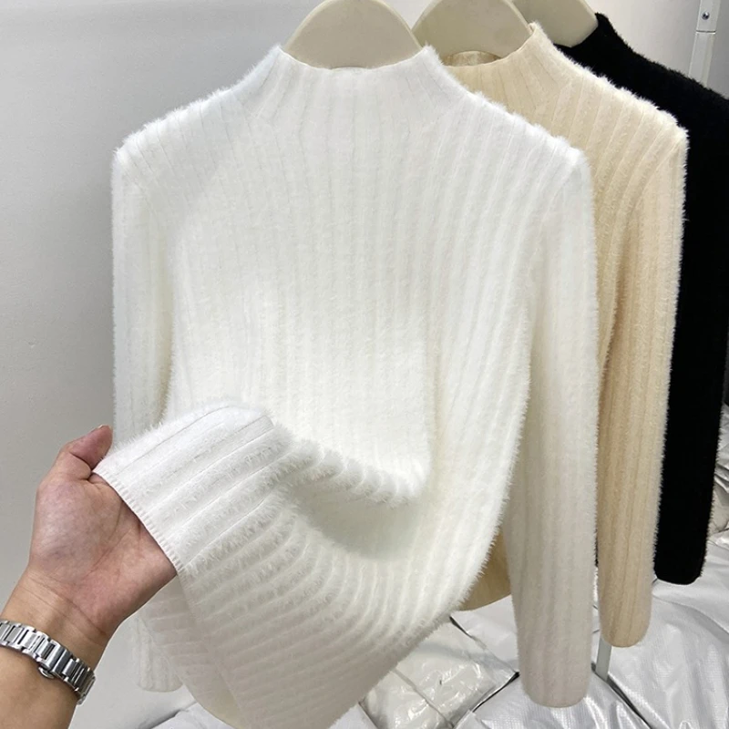 

Новый осенне-зимний женский тонкий свитер с полуводолазкой и длинными рукавами, теплый элегантный цельный флисовый повседневный трикотаж, топ