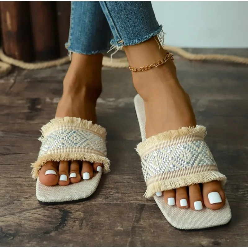 New Women Summer Straw Woven Casual Slippers Outdoor Espadrille Flip-flops Fashion Flat Ladies Sandals and Slippers Plus Size 43