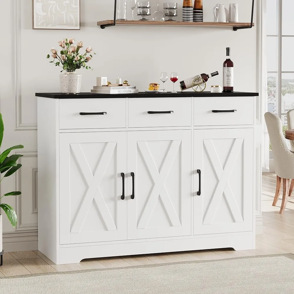 Modern Farmhouse Buffet Sideboard , Barn Doors Storage Cabinet , Wood Bar with Storage for Dining Room, Kitchen, White/Black