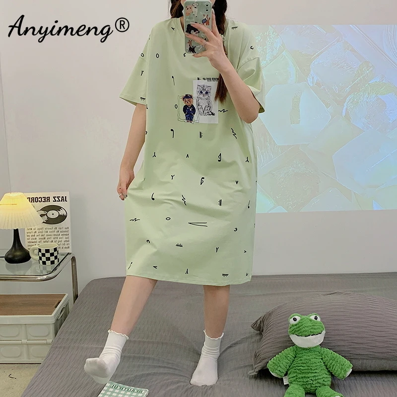 Summer Women Nightdress HQ 100% Cotton M-4XL Plus Size Nightgown Leisure Sleepshirt for Girl Elegant Woman\'s Short Sleeve Dress