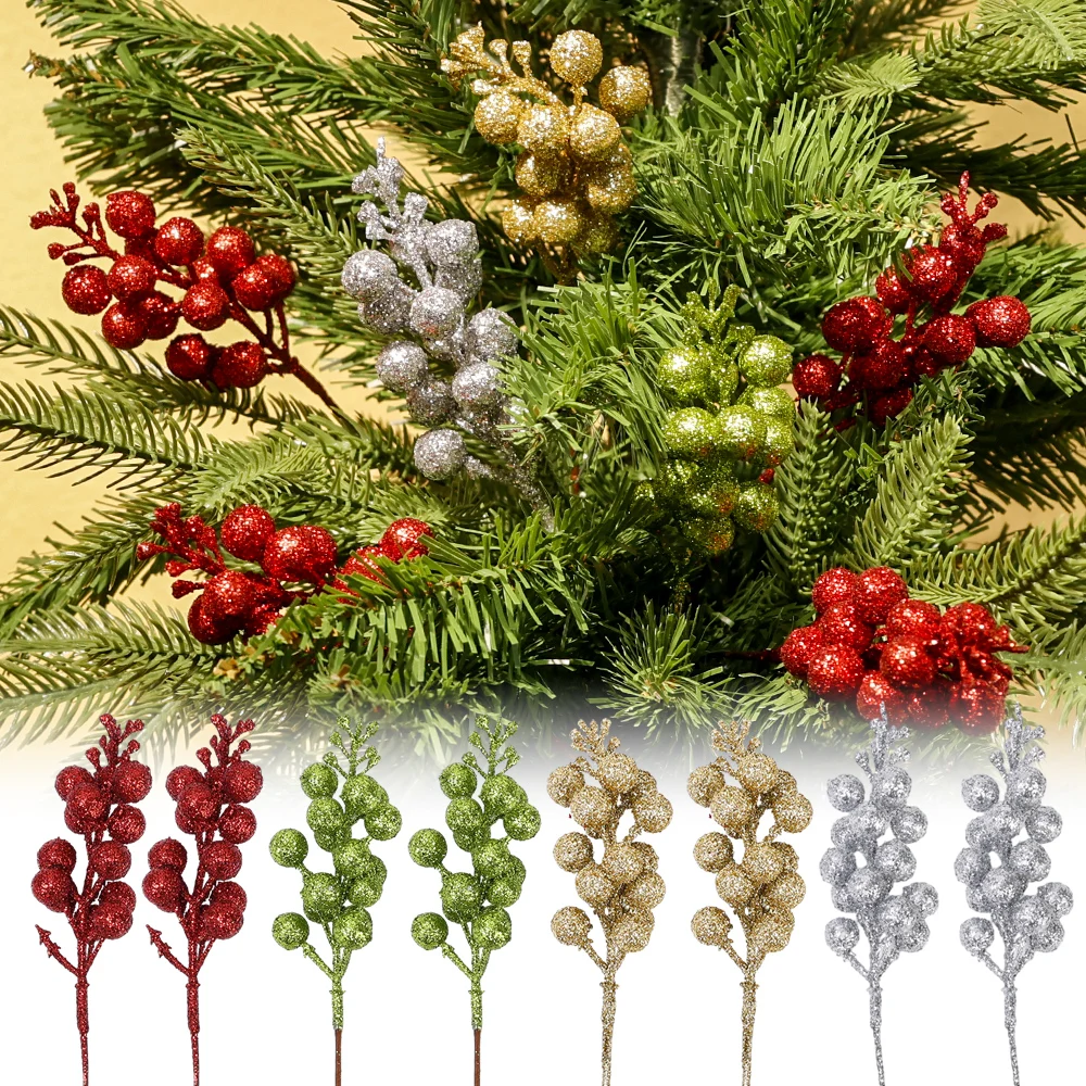 1/30pcs Christmas Artificial Gold Powder Berries Holly Berries Branches DIY Xmas Wreath Tree Ornament Home Table Vase Decoration