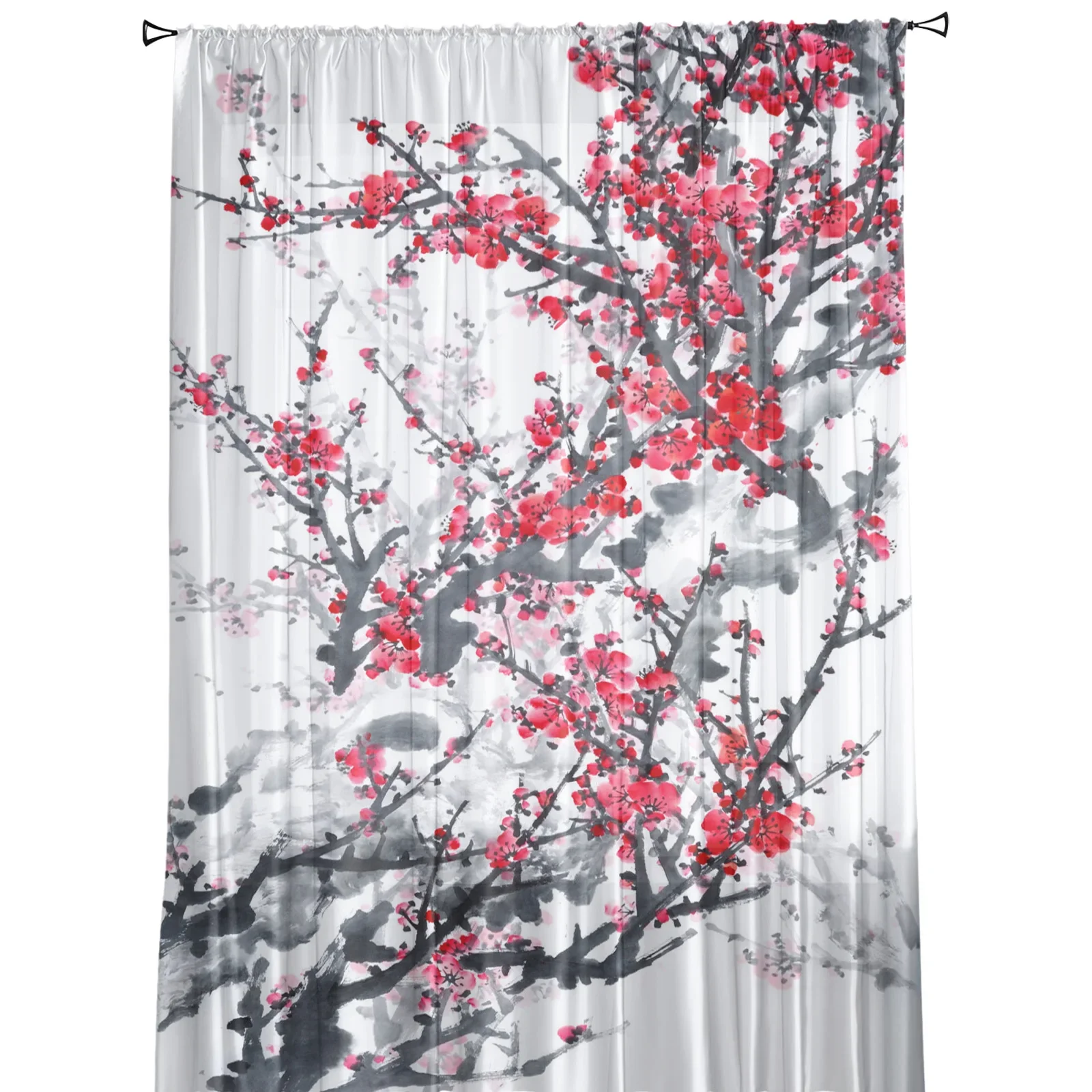 Ink Plum Blossom Flower Plant Tulle Sheer Curtains for Living Room Decoration Window Curtain for Bedroom Voile Organza Drapes