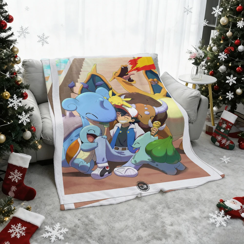 Pokemon Ash Pikachu Lapras Charizard Squirtle Bulbasaur Flannel Throw Blanket Soft Warm Blanket for Sofa Bed Home Decor Kids Gif