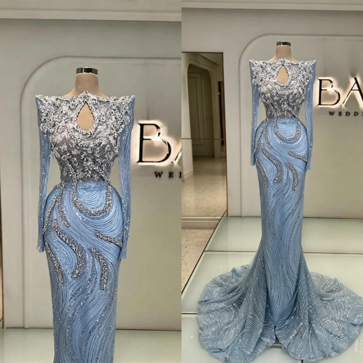 

Sparkling Crystals Mermaid Evening Dresses Long Sleeve Sweep Train Prom Gowns Beaded Customized Formal Vestidos De Gala