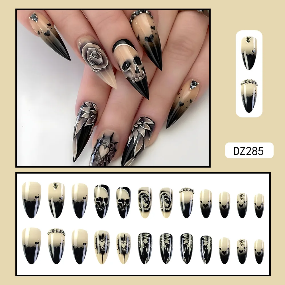 Fashionable Wearable Nail Art Halloween Skeleton Heart Flower Design Simple Diamond-Embedded Nails Popular Trendy Nail Tips