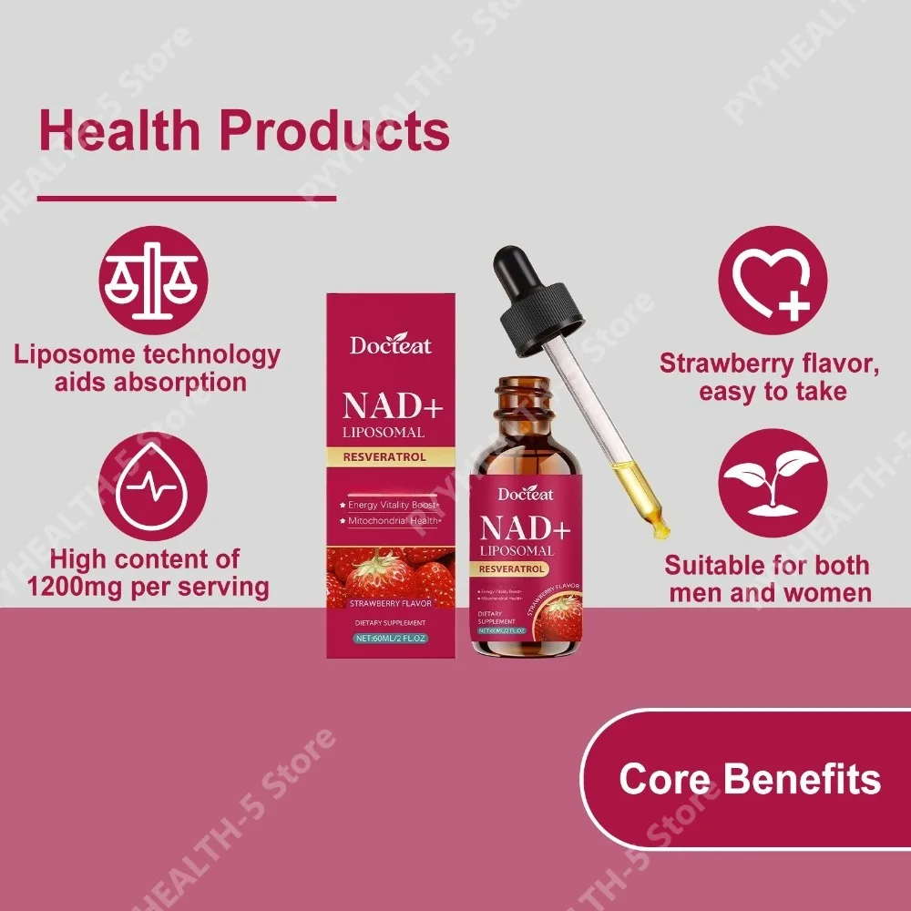 Docteat NAD+ Liposomal Drops with Trans-Resveratrol & Black Pepper Extract, Strawberry Flavor, 2 Ml Serving Size, 60ml