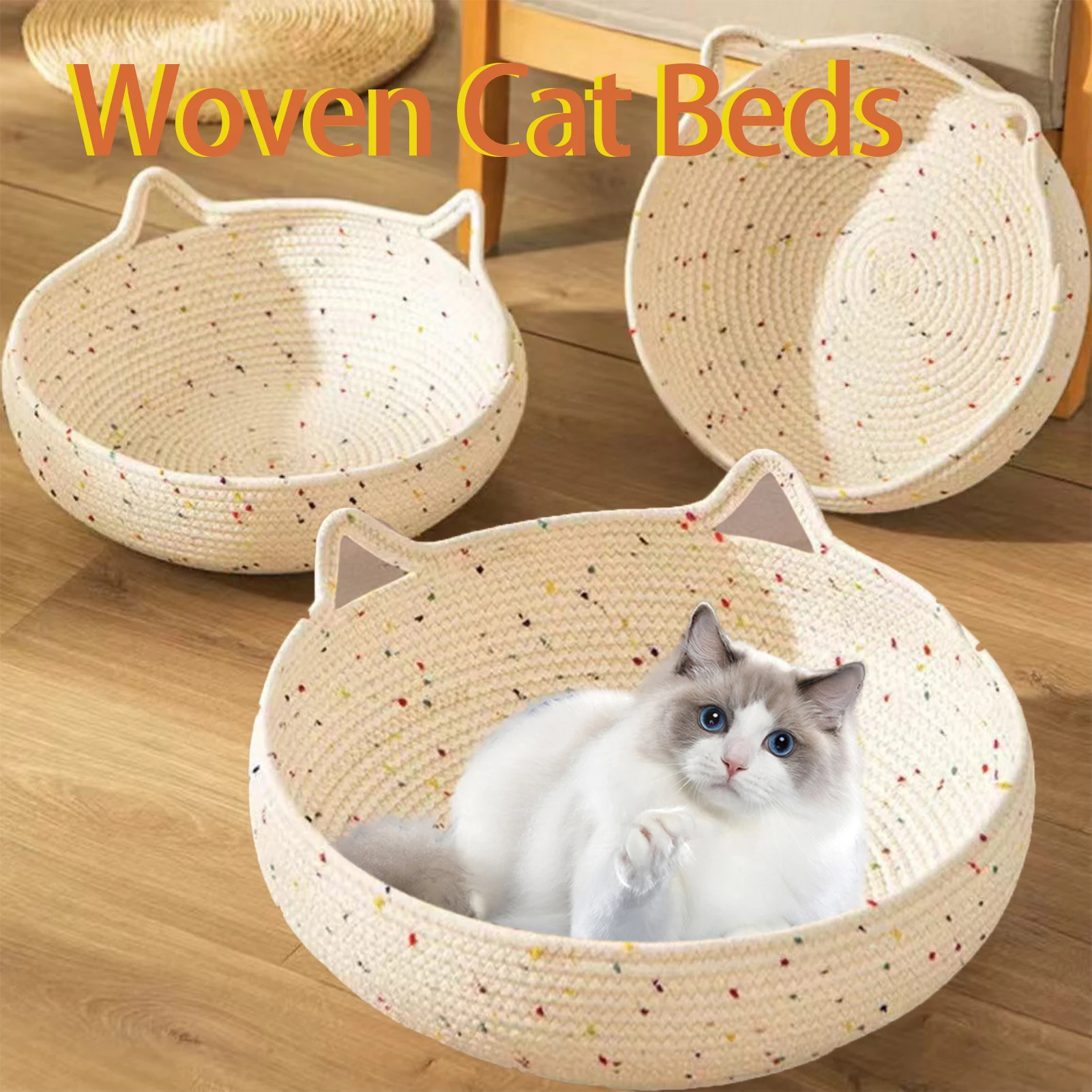 Pet Cat Bed Anti-slip Woven Cat Beds Breathable Kitten Basket Washable Cotton Rope Cat Scratching Baskets For Cats Small Dogs