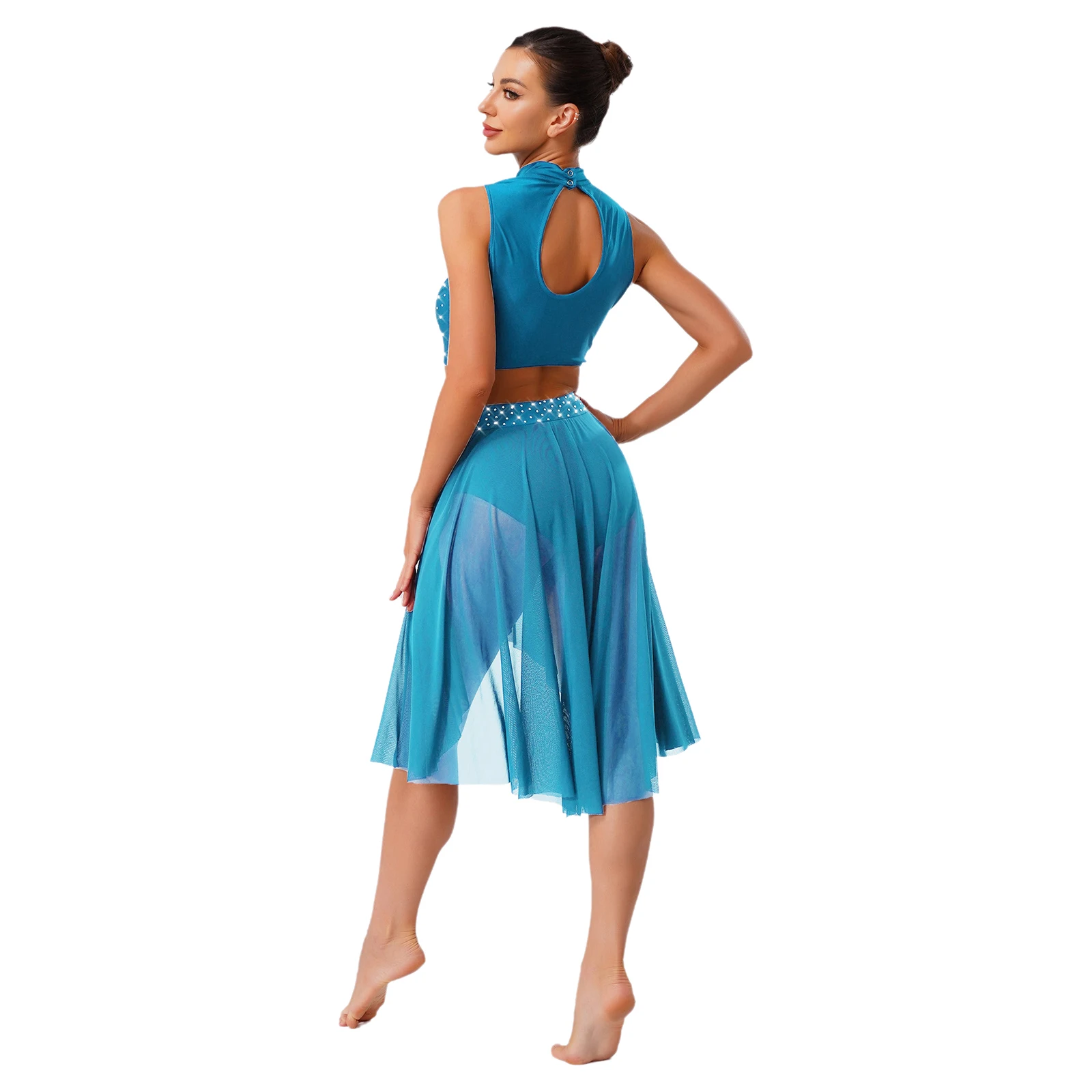 Womens Gymnastics Leotards Artistic Figure Skating Costume Ballet Lyrical Dance Outfits Hollow Out Crop Top And Skirt Dancewear - Image 5