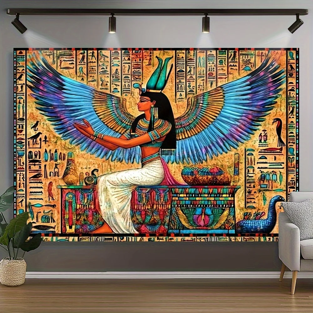 Egyptian Goddess Isis Winged Tapestry Ancient Mythology Art Wall Hanging for Living Room Bedroom Boho Decor Hieroglyphs Pharaoh